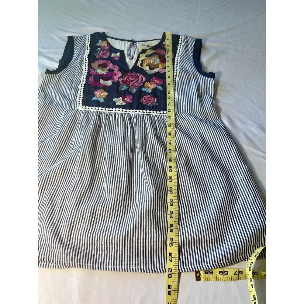 Savanna Jane Sleeveless Blue White Floral Embroidered Shirt SZ MED Beach BOHO - Picture 4 of 5